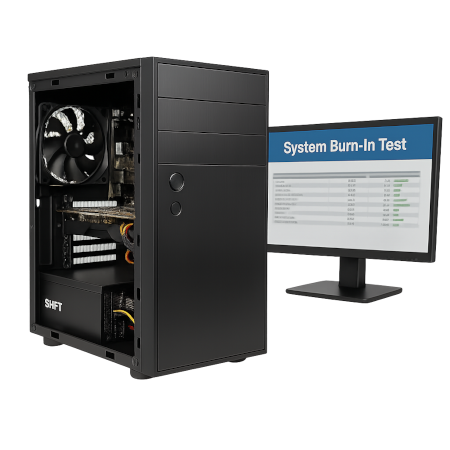 Black mid-tower computer case with open side panel showing internal components, including GPU, cooling fan, and power supply, displayed next to a monitor running a system burn-in test.