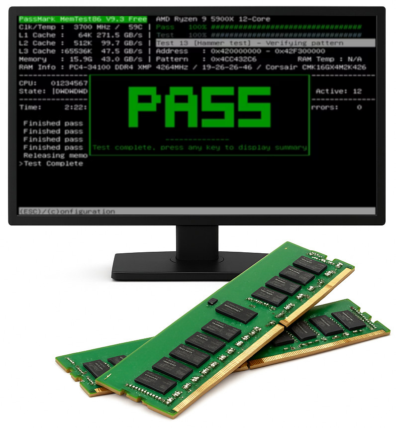 RAM module with a successful MemTest86 PASS result, illustrating tested and verified high-quality memory.