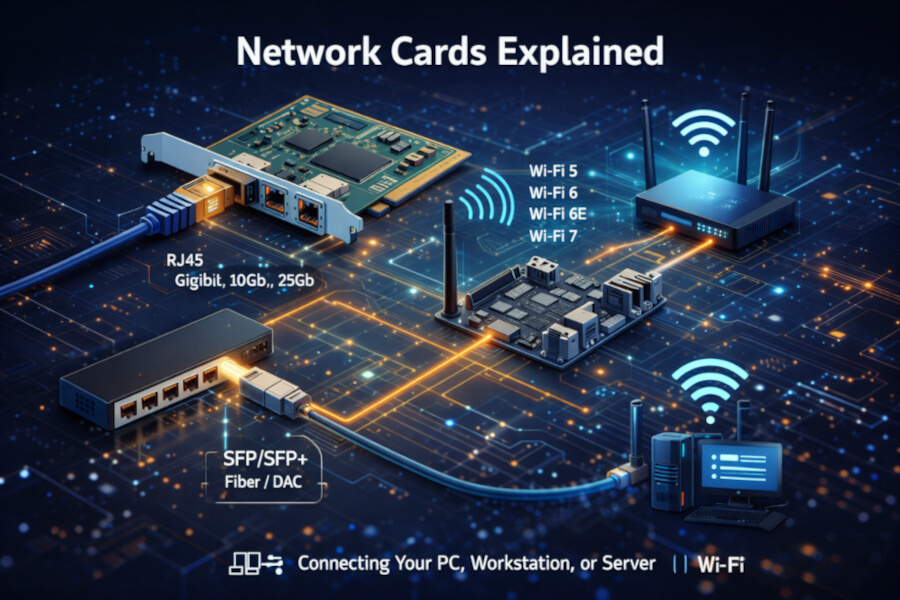 Network card illustration explaining Ethernet, RJ45 vs SFP, and Wi-Fi standards for PCs, workstations, and servers.