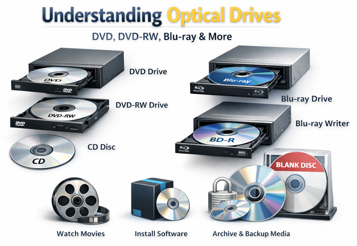 Illustration showing DVD, DVD-RW, and Blu-ray optical drives with discs on a white background, explaining different types of optical media